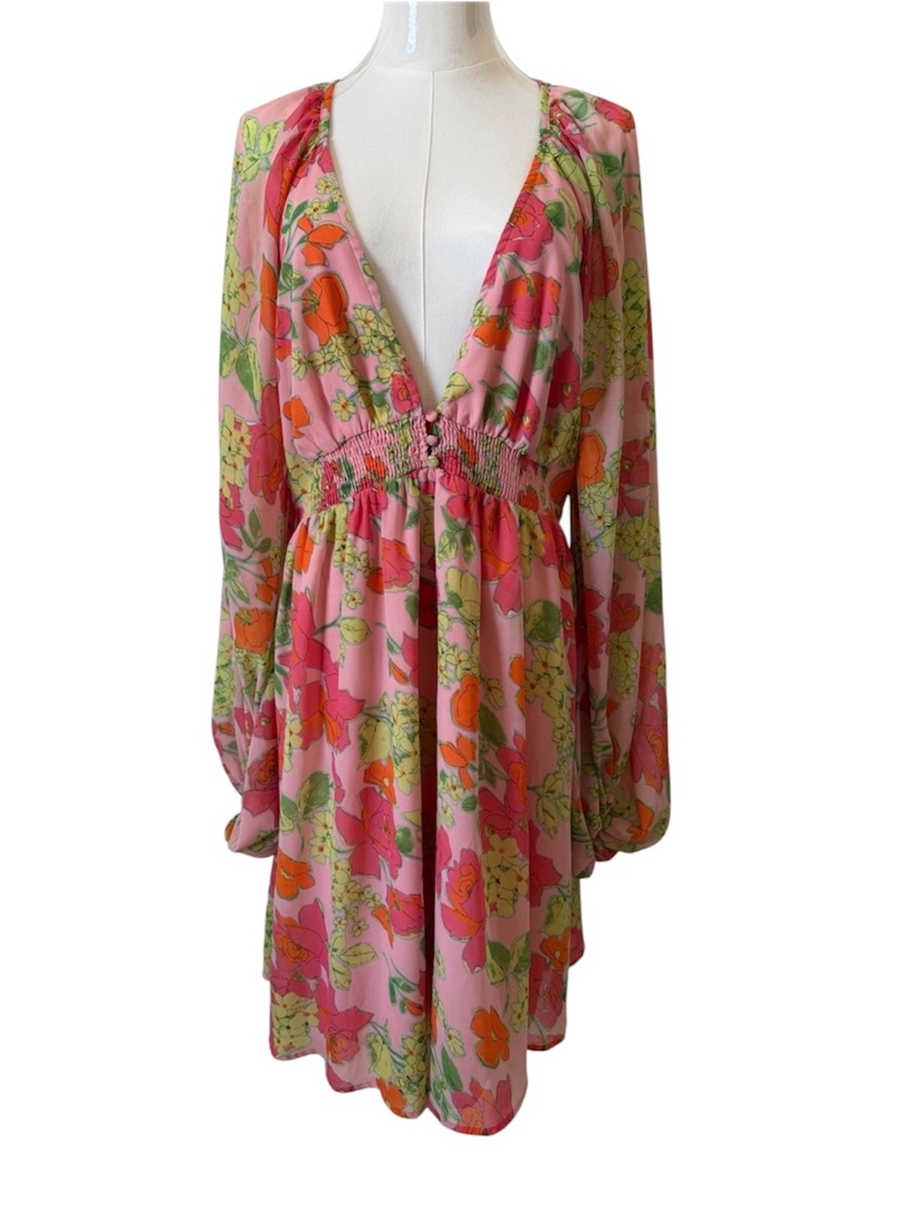 ASOS Design Pink Floral V-Neck Mini Dress with Balloon Sleeves Size 12
